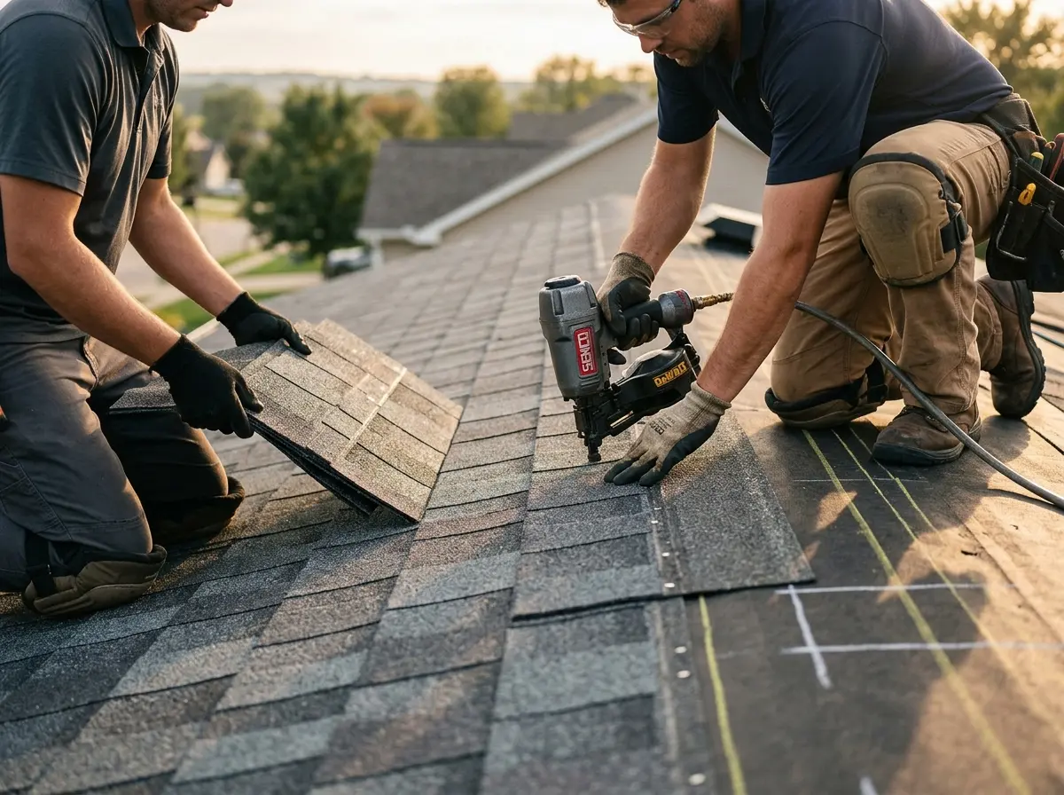 Professional roofer working on a residential roof in Rochelle